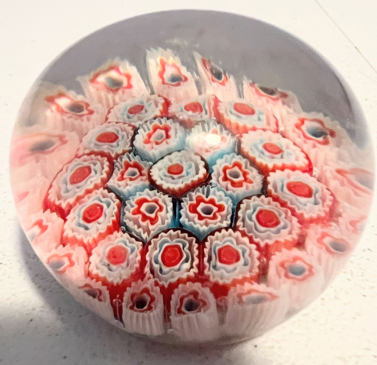 Vintage Red White & Blue Millefiori Glass Paperweight Date 1955