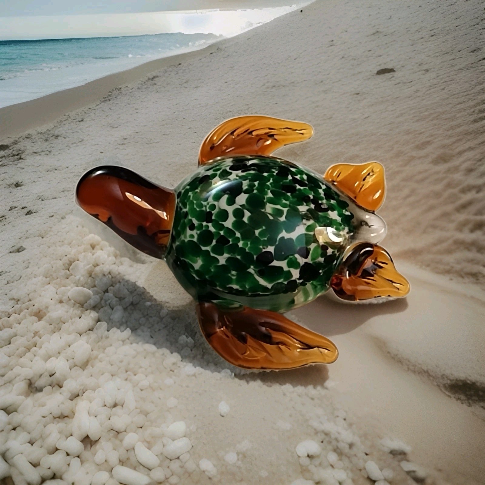 Collectible Amber /Green White Sea Turtle Hand Blown Art Glass No Chips See Pics