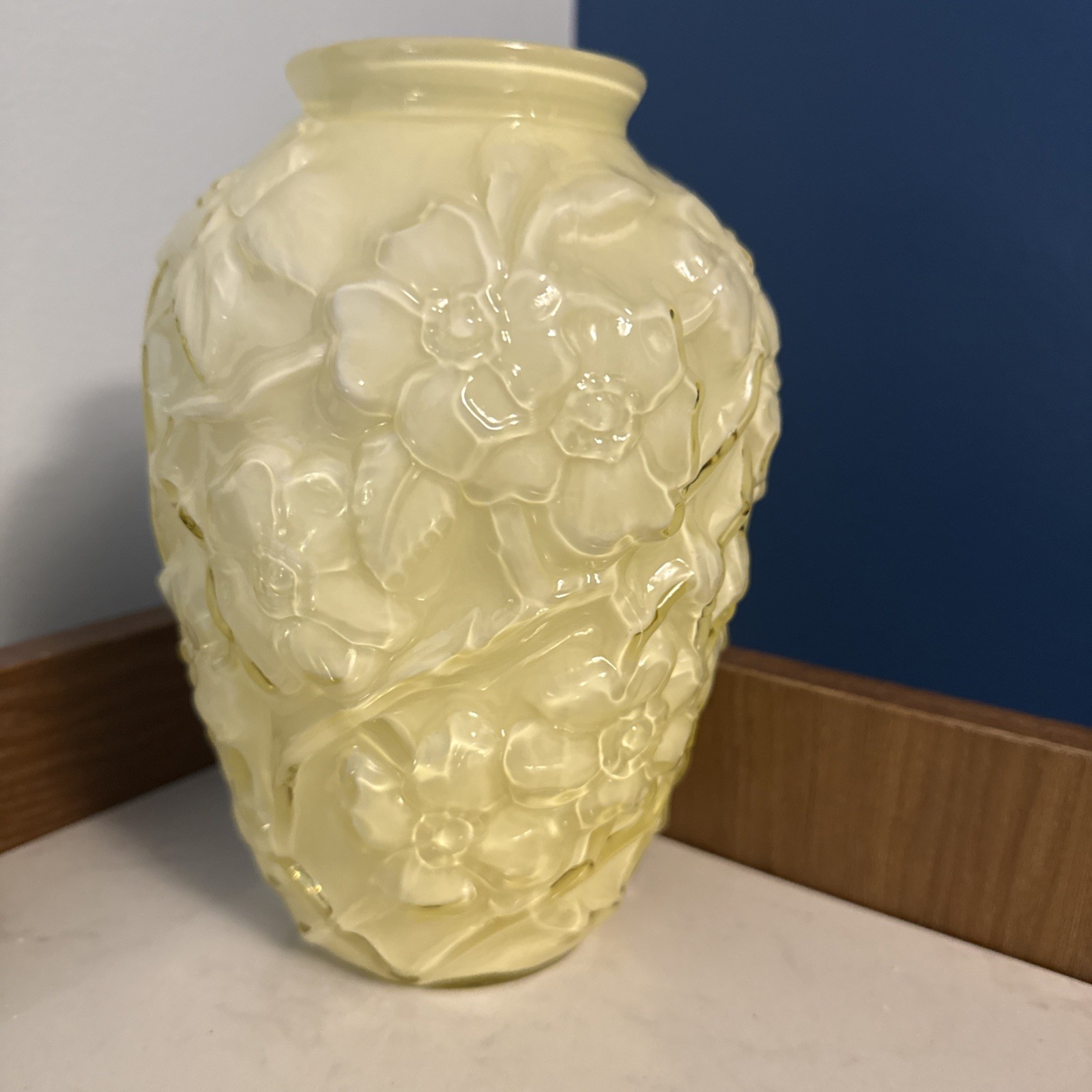 Vintage Fenton Canary Yellow & White Cased Glass 7” Vase Dogwood Pattern Marked