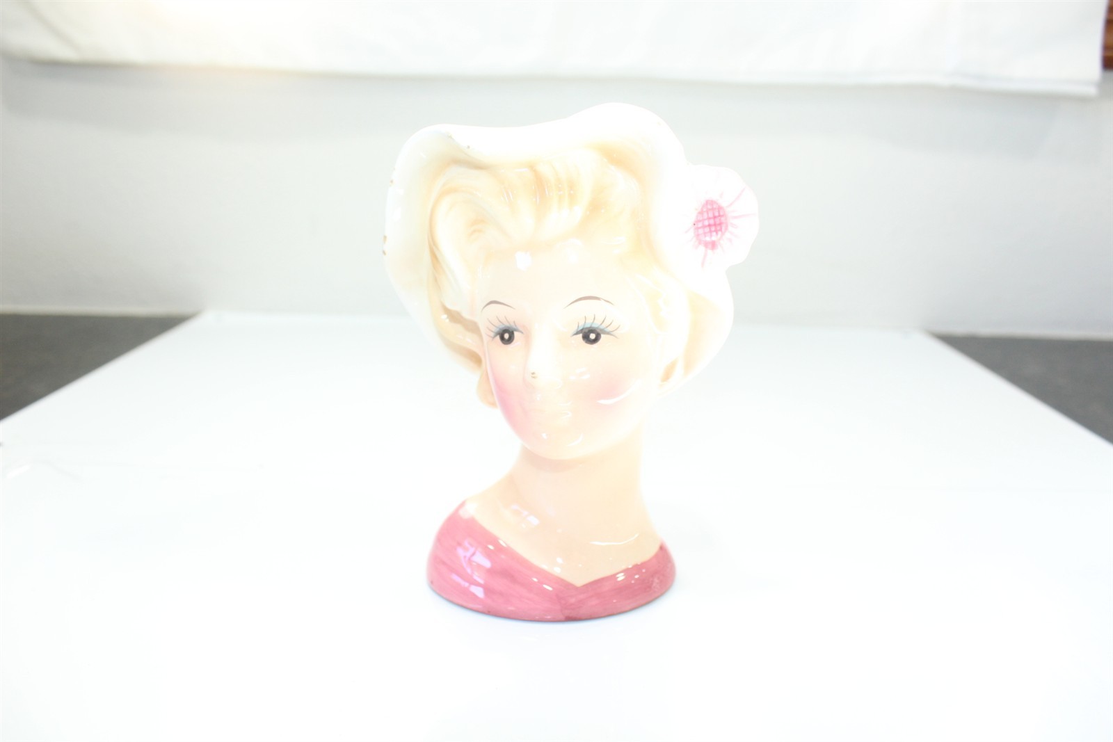 Vintage Relpo Head Vase Blonde Hair Woman Wearing White Hat With Pink Flower