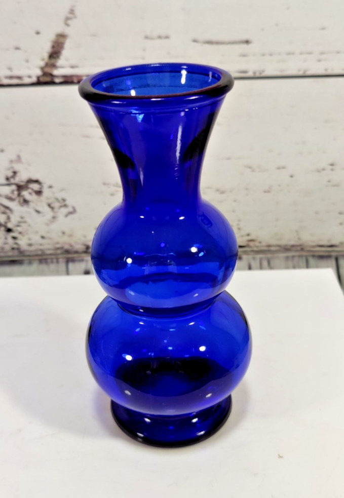 Vintage Cobalt Blue Glass Vase Pressed Glass 6 1/8″H Graduated Bubbles