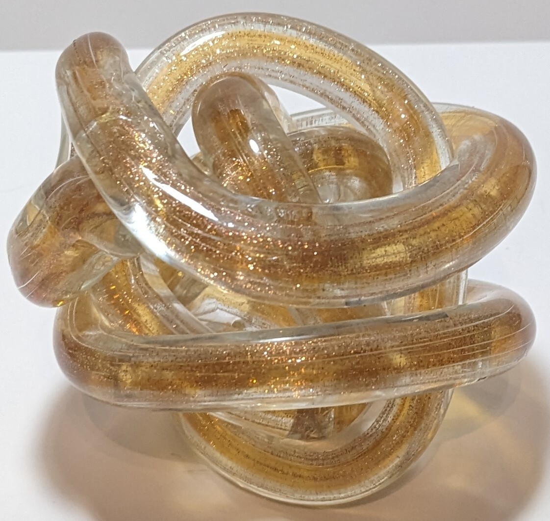 Amber Orange Gold Flake Art Clear Glass Glitter Twist Infinity Knot Paperweight