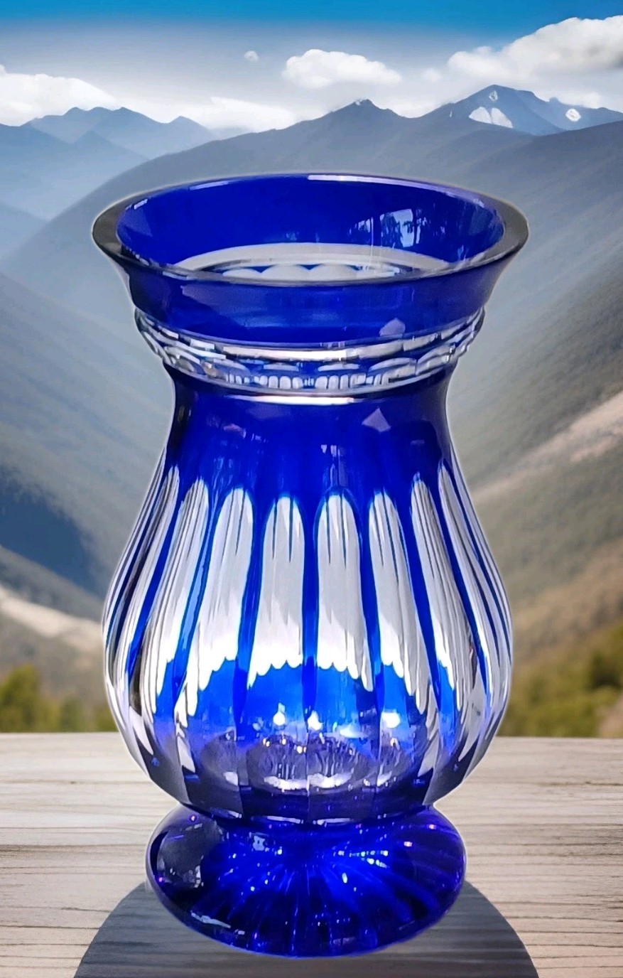 50’s VTG Czech Bohemian Cobalt Blue Verticle Cut to Clear cut 10” Crystal Vase