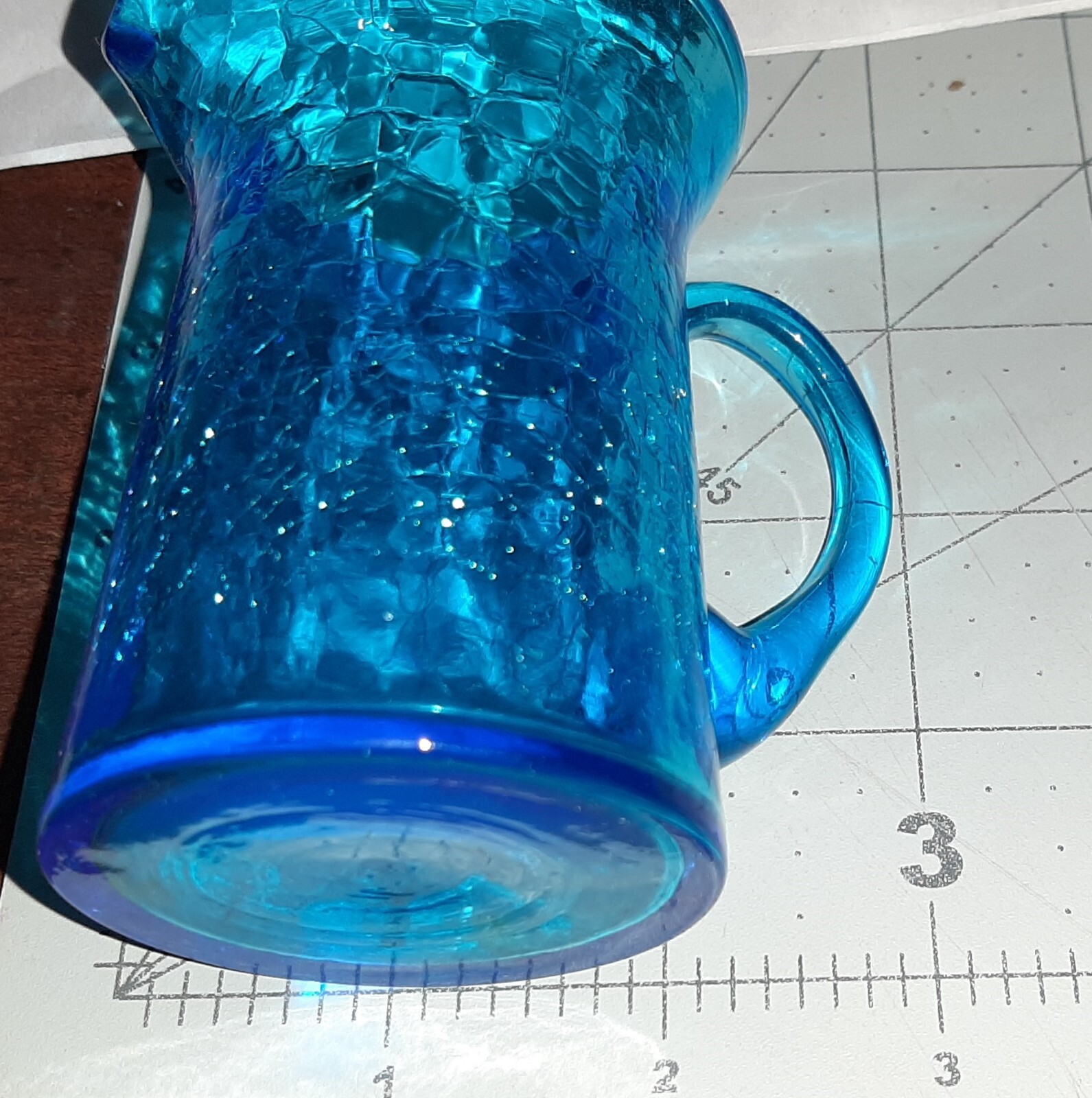Vintage blue crackle glass creamer pitcher 3 3/8″