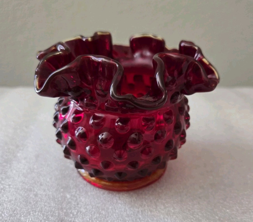 Fenton Glass Ruby Red Amberina Hobnail Ruffled Crimped 4×3” Rose Bowl Vase