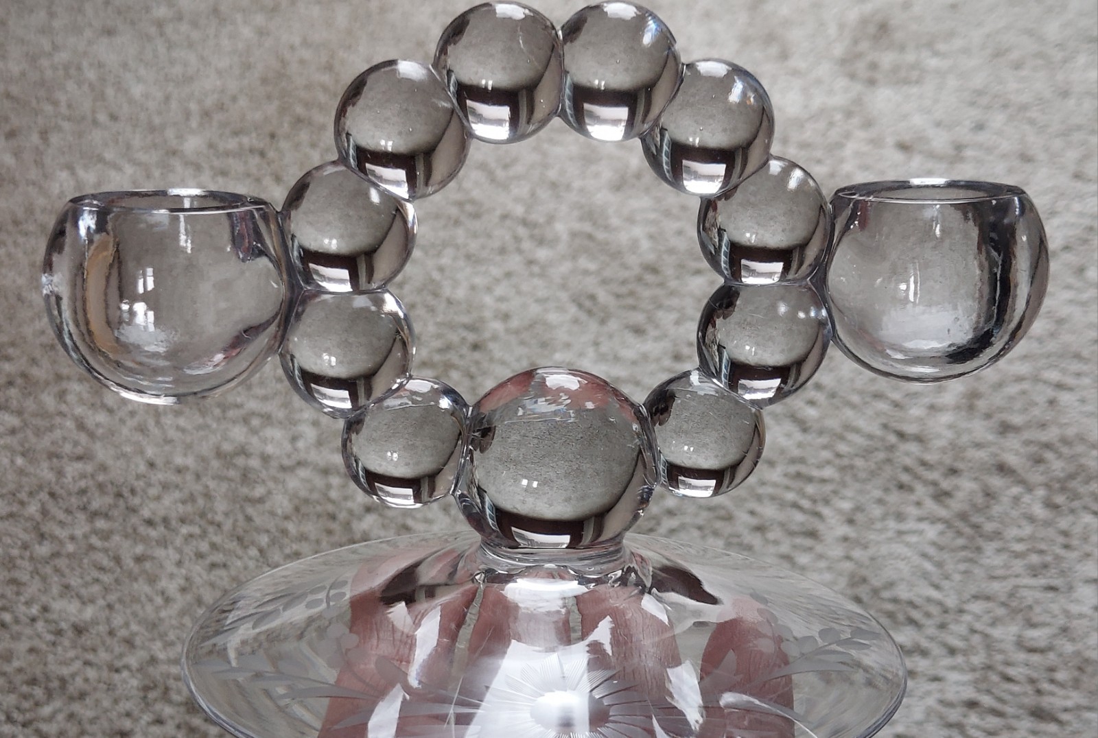 Imperial Glass Floral Etched Candlewick Double Taper Candle Holders Bubbles Pair