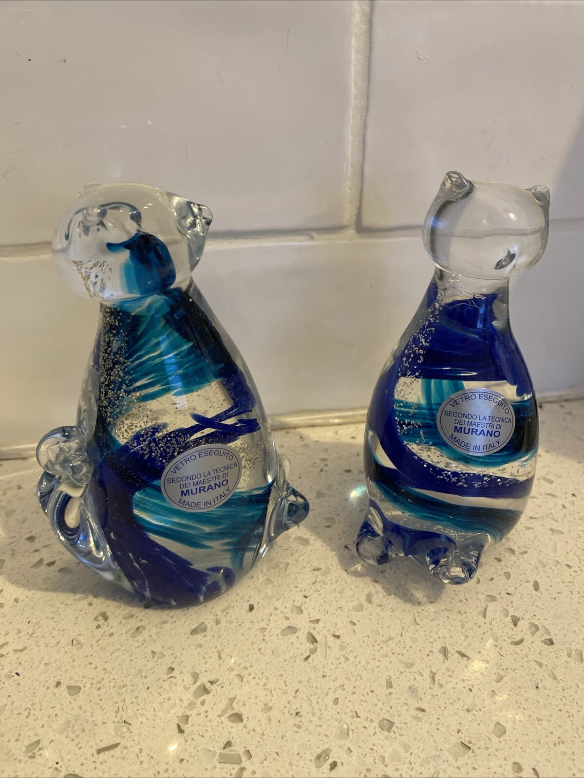 Pair Of Murano Art Glass Blue, Teal and Silver Cats Figurines made in Italy