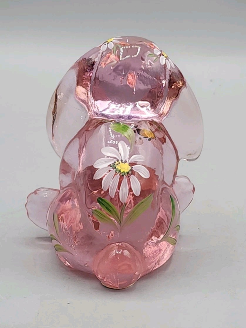 Fenton Glass Bunny Figurine Lop-Eared Madras Pink Cranberry Floral Signed.
