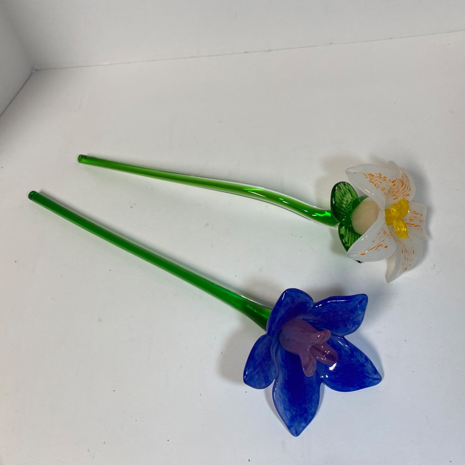 2 Art Glass Flowers • 13″ • Blue & White • Long Stem • Gorgeous!