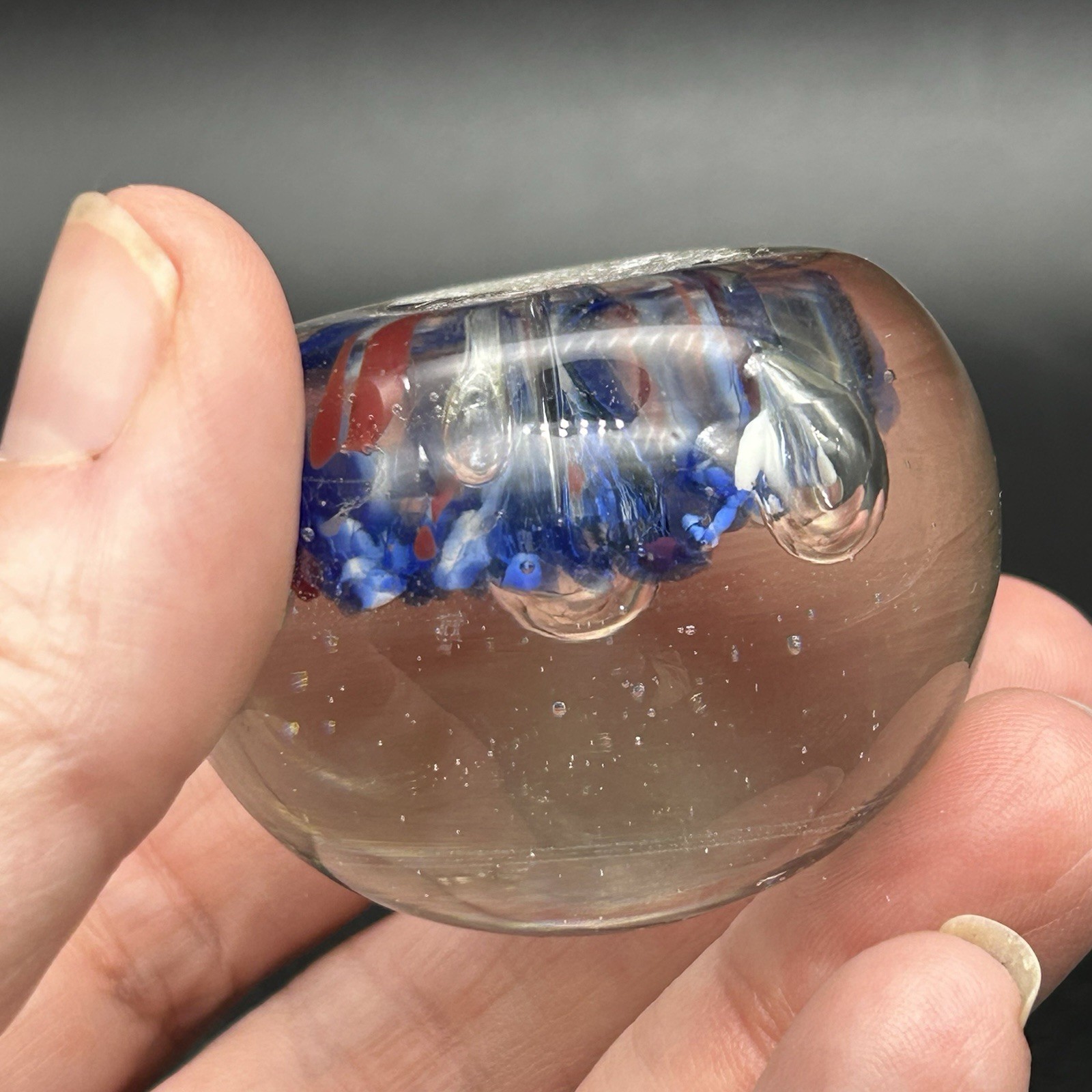 Vtg Small Art Glass Paperweight Clear Controlled Bubbles Blue Red Fleck 1 3/4”