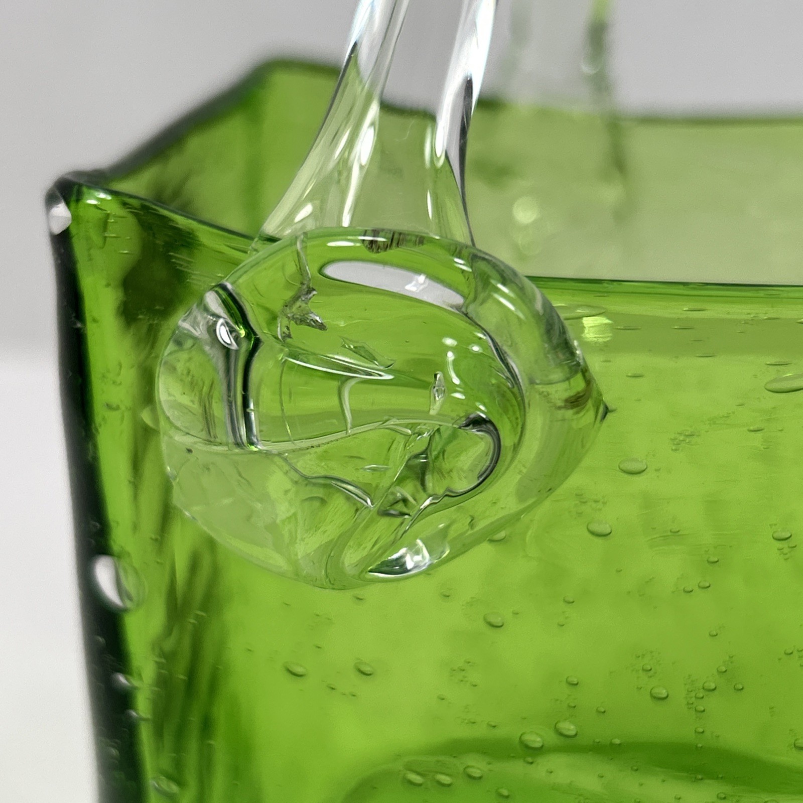 Vintage Hand Blown Green Glass Purse Bag Vase 7” Tall W/ handle 4” Wide