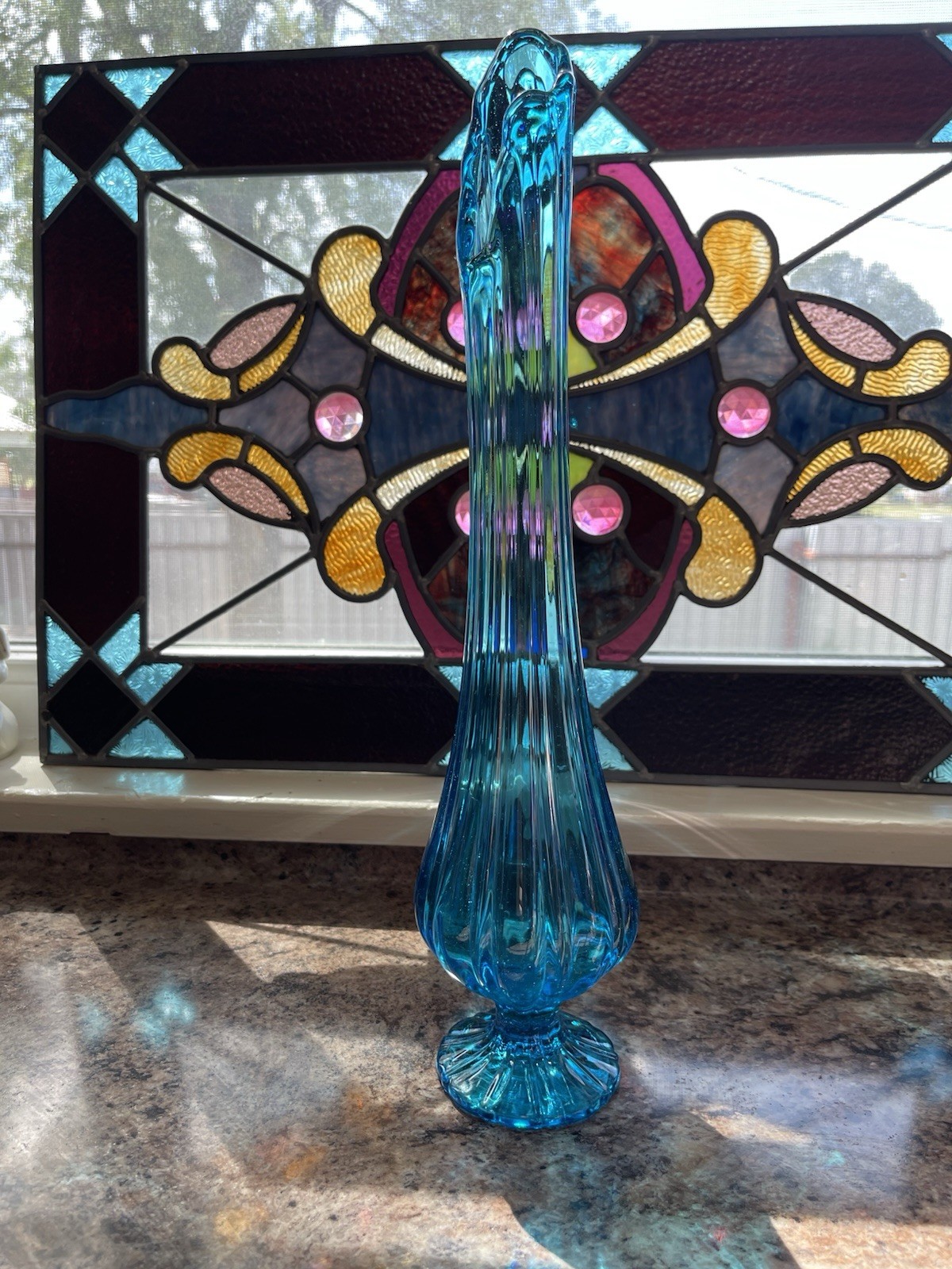MCM LE Smith Peacock Blue Epic 6 Petal Swung Vase 15 3/10″ Tall Blue Pedestal
