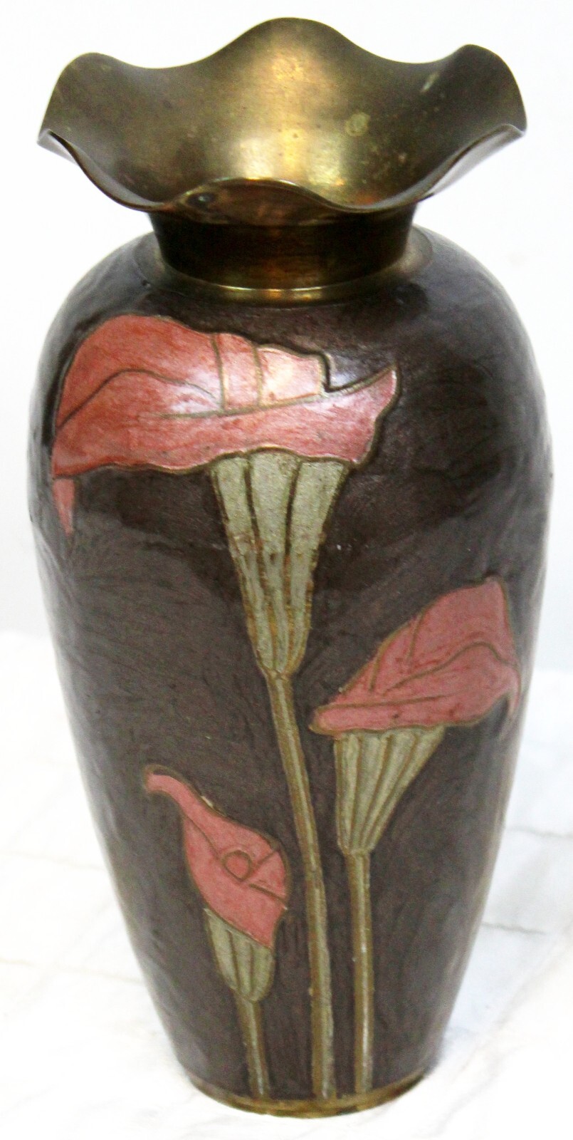 Vtg 80s Cloisonné Brass Vase Pink Lillies Brown Calla Cala Lily Ruffled Rim Top