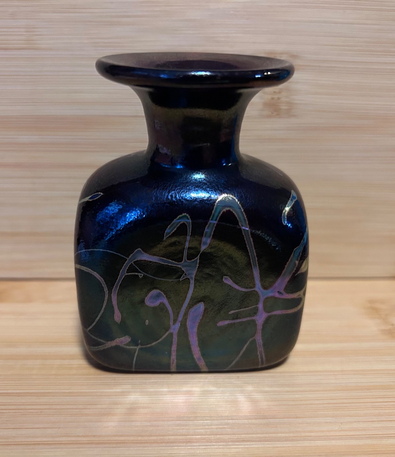 ROBERT HELD Art Glass Purple Green Gold Iridescent Blown Vase Small Signed RHAG
