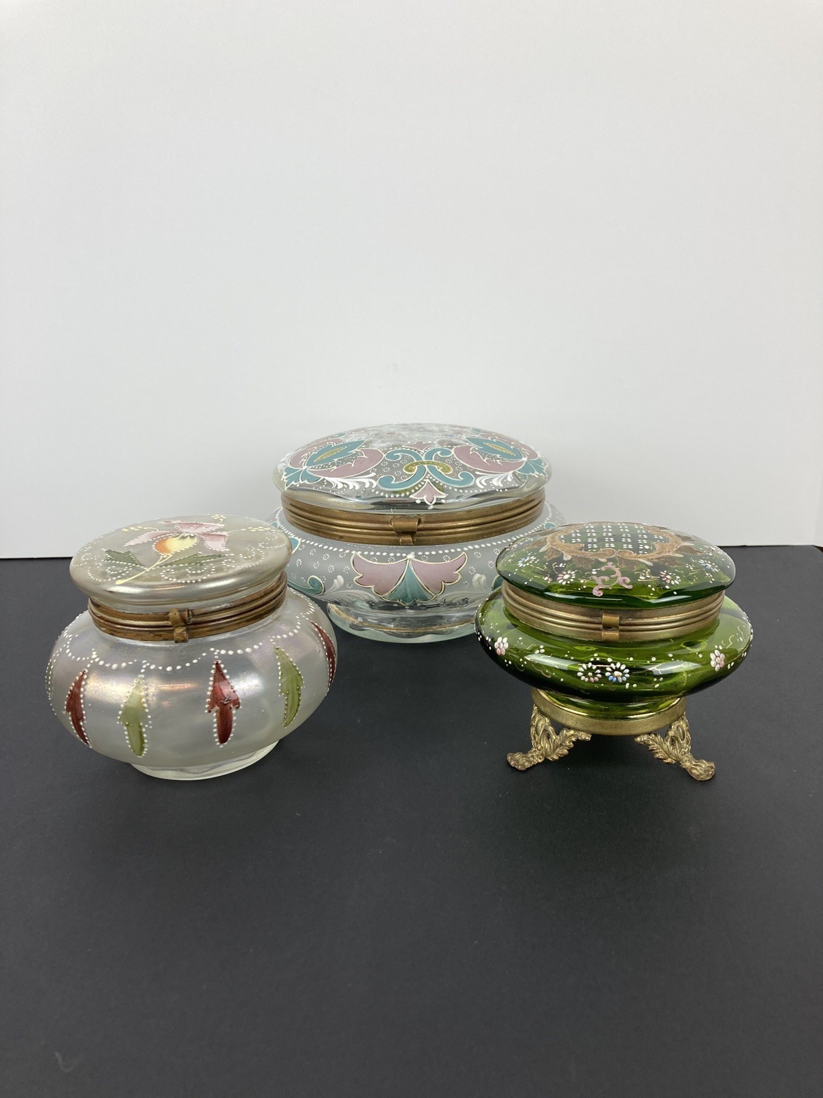 Large Antique Bohemian Enameled Pink/Blue/Light Green Trinket /Dresser Jar NICE