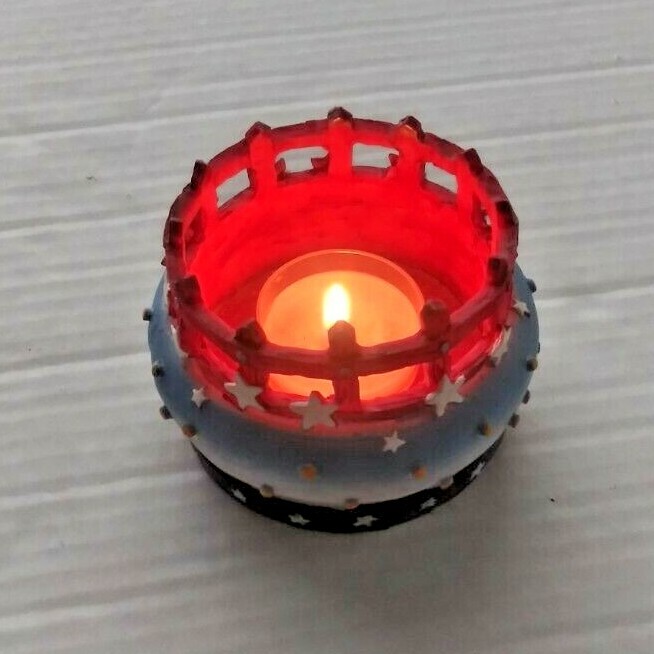 Red White And Blue Patriotic Stars/Bars Tea Candle Holder Hand-painted Pottery