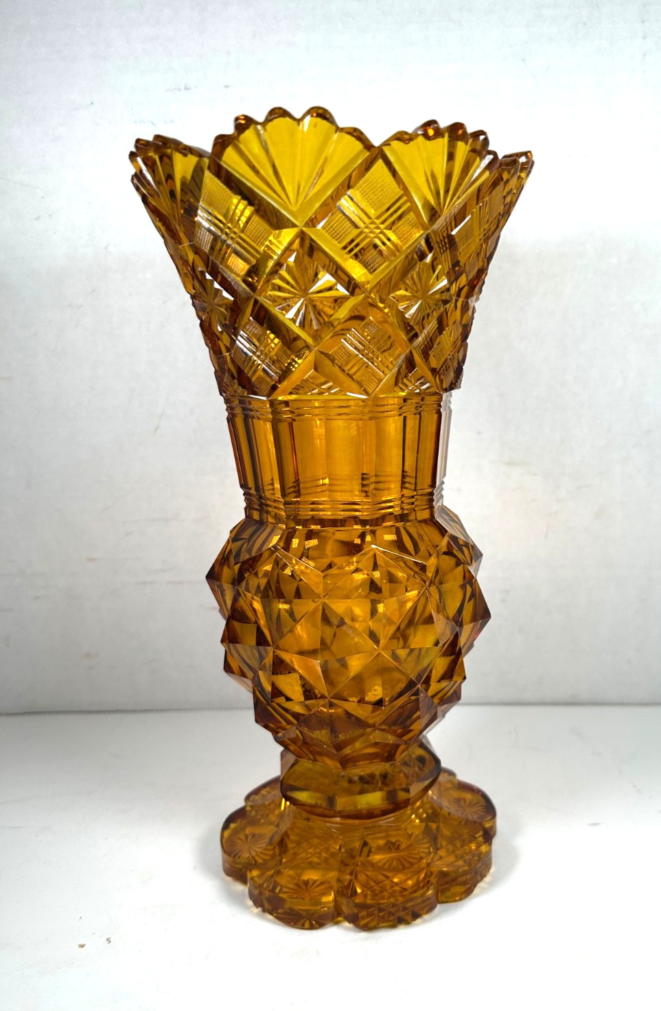 Vintage EAPG Honey Gold Amber Pressed Glass Vase 9.5” Multi Patterns & Sections