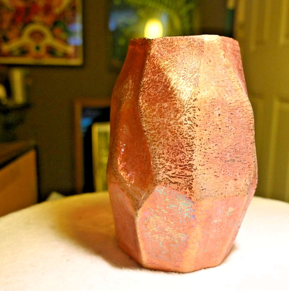Vintage Hand Blown Iridescent Copper Art Glass Vase Faceted Studio Glass