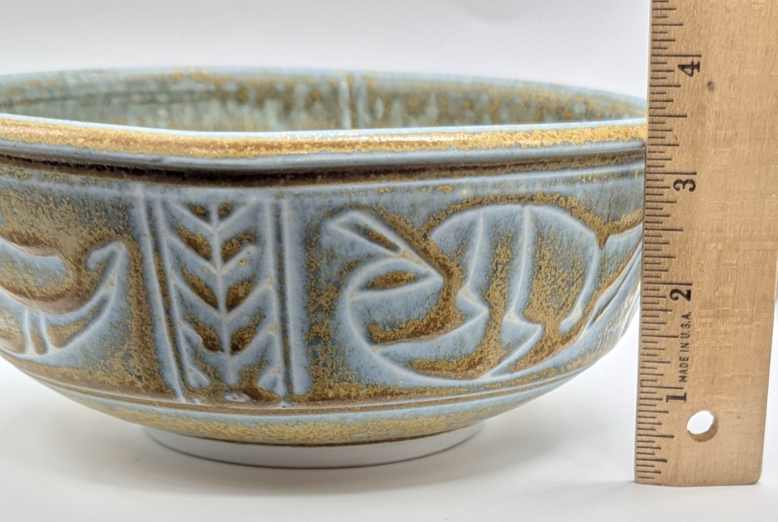 Studio Art Pottery Bowl Planter Incised Leaf Design Green Brown 7-5/8″dia Moyer
