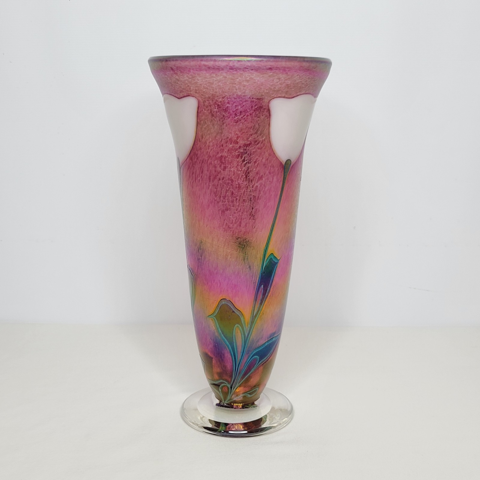 Vintage Robert Held Art Glass Iridescent Tulip Floral Footed Vase 11″ Tall