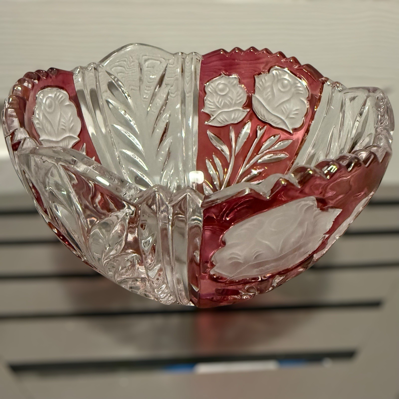Vintage Anna Hütte Bleikristall Germany Cranberry Hand Cut to Clear Crystal.