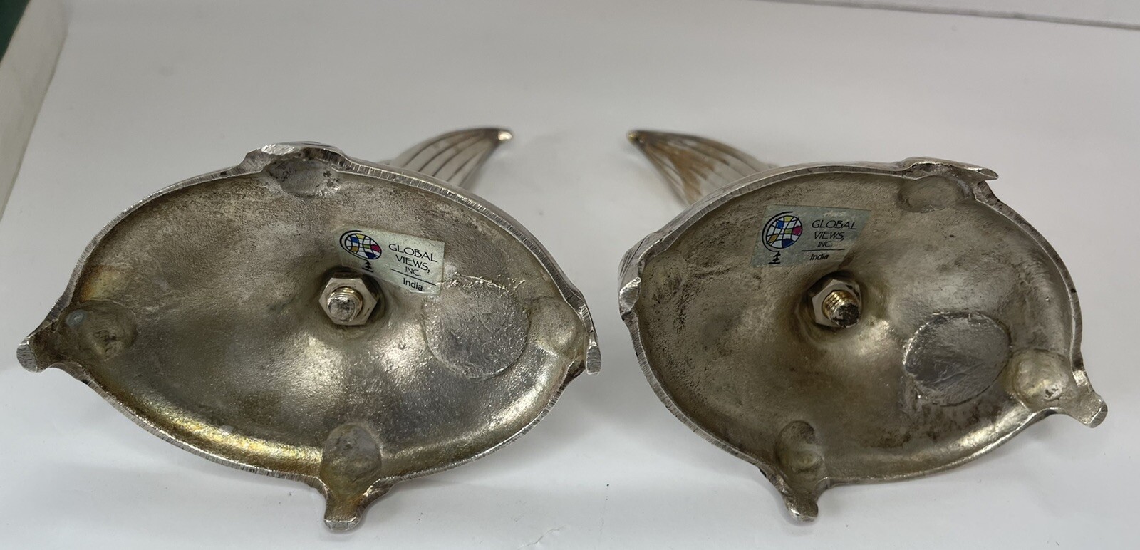 2 Global Views Lily Candlestick holders 6″ Tall Silver tone in Art Deco /MCM