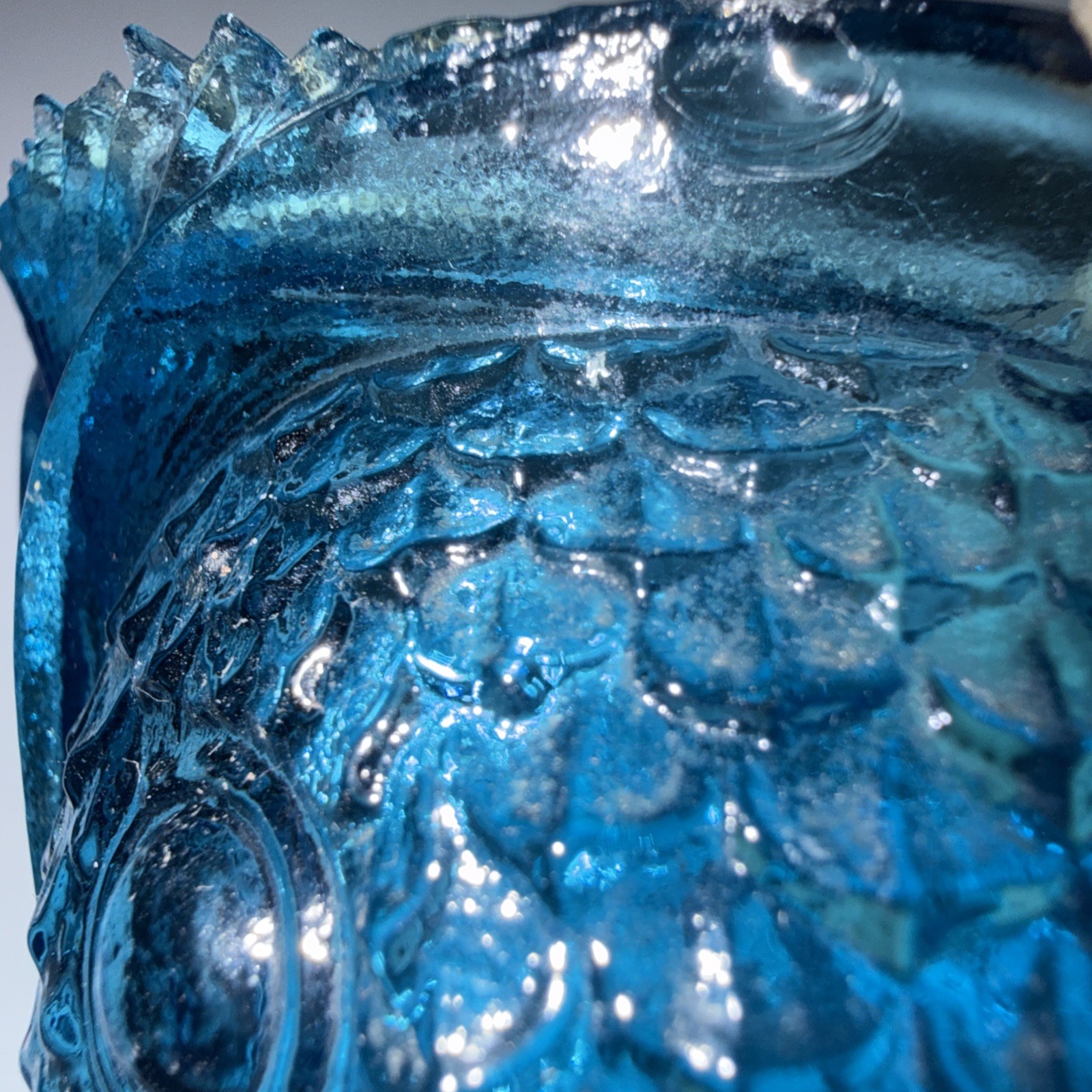 Teal Blue gGlass Fish Container Koi Shaped *No Lid Scale Pattern Rare