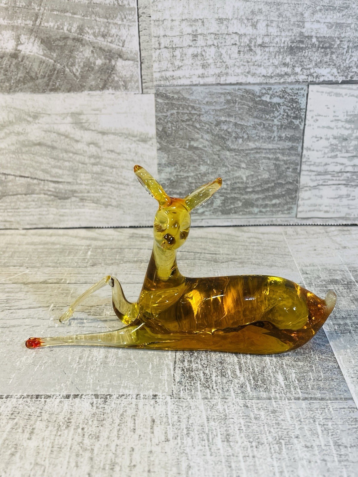 Vintage Hand Blown Amber Art Glass Deer / Fawn Christmas Holiday 6” Long