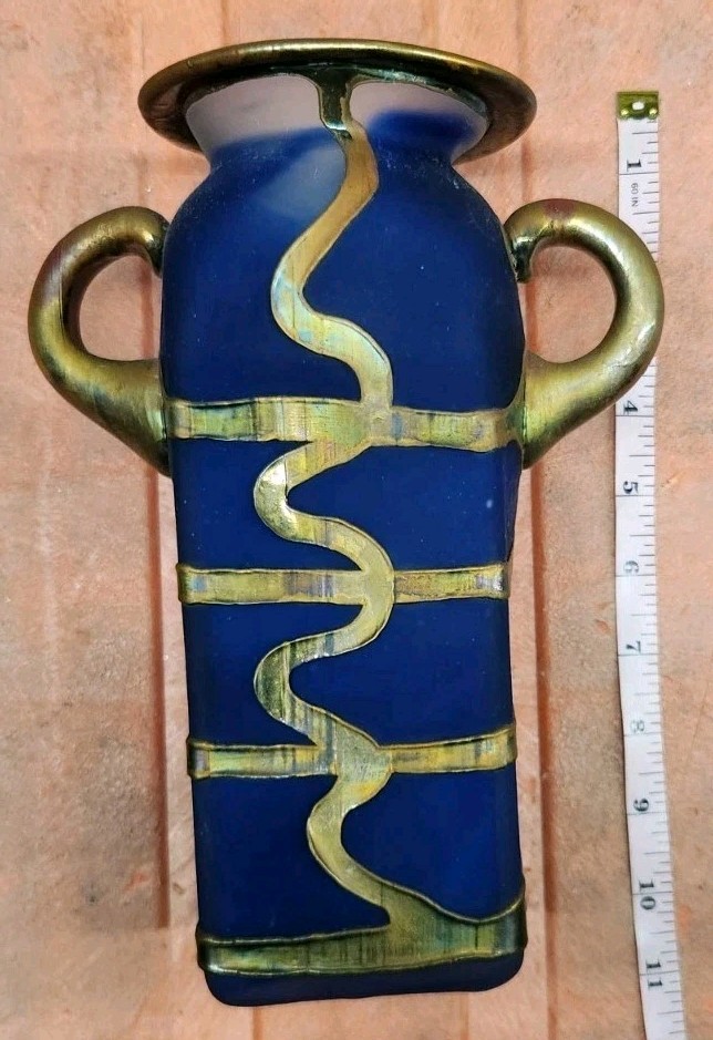 Anca Podaru Ama Romanian Copper Overlay Handled Art Glass Nouveau Vase Z*