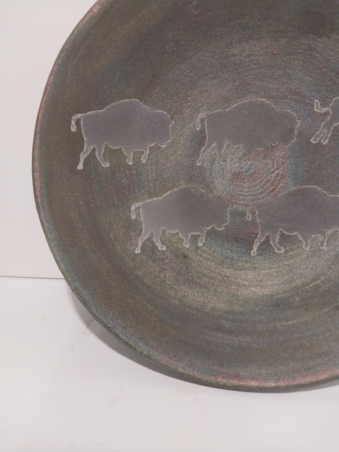 Jeremy Diller Signed Raku Studio Art Pottery 5 Buffalo Bison Round Plate 8″