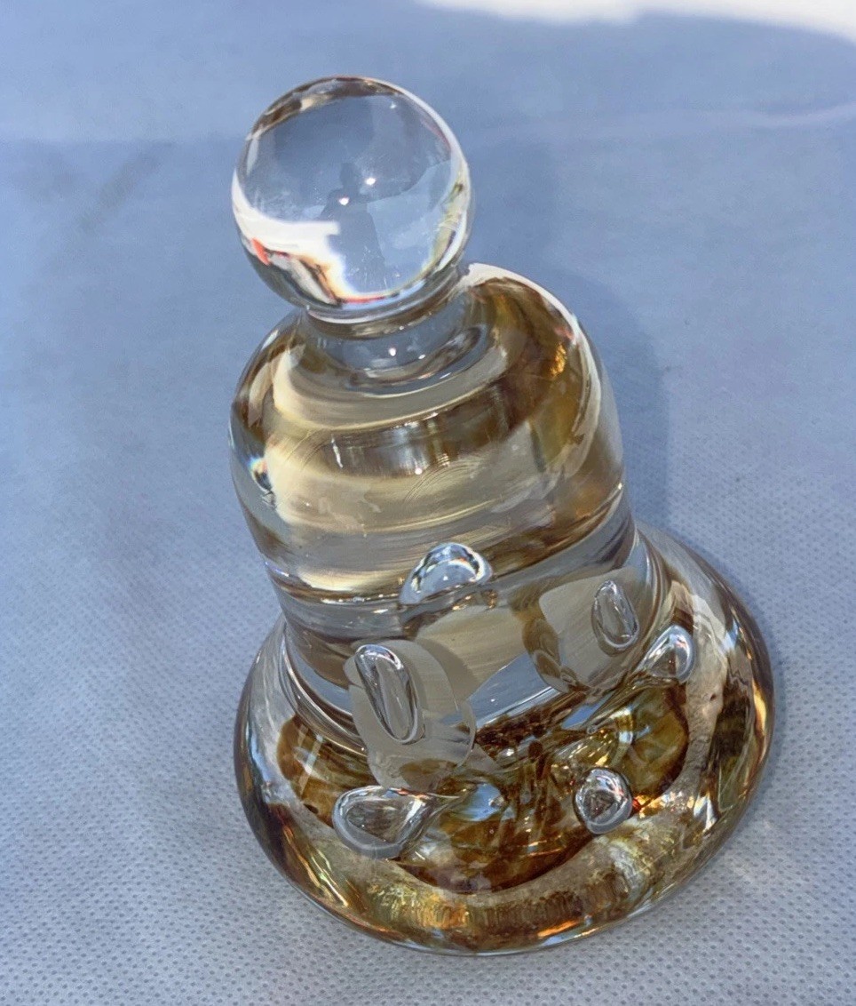 Joe Rice Bell Shaped Paper Weight Clear & Gold Tinted White Tall Flowers
