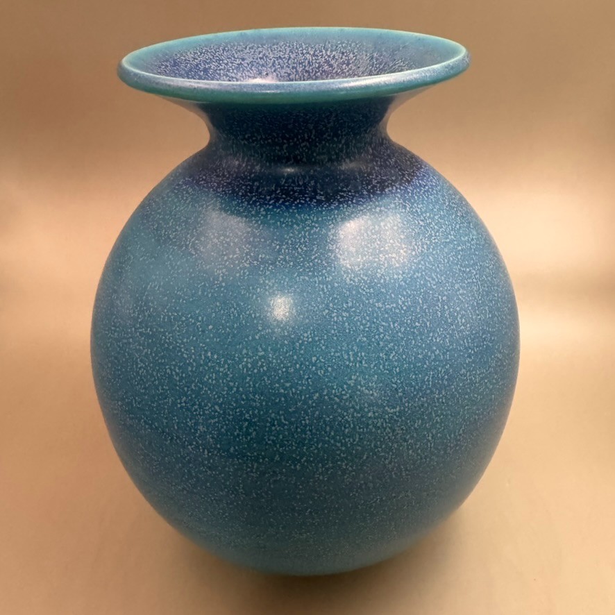 Studio Art Pottery 8″ Tall Blue and Aqua Round Vase-Arrow Marking-GOOD CONDITION