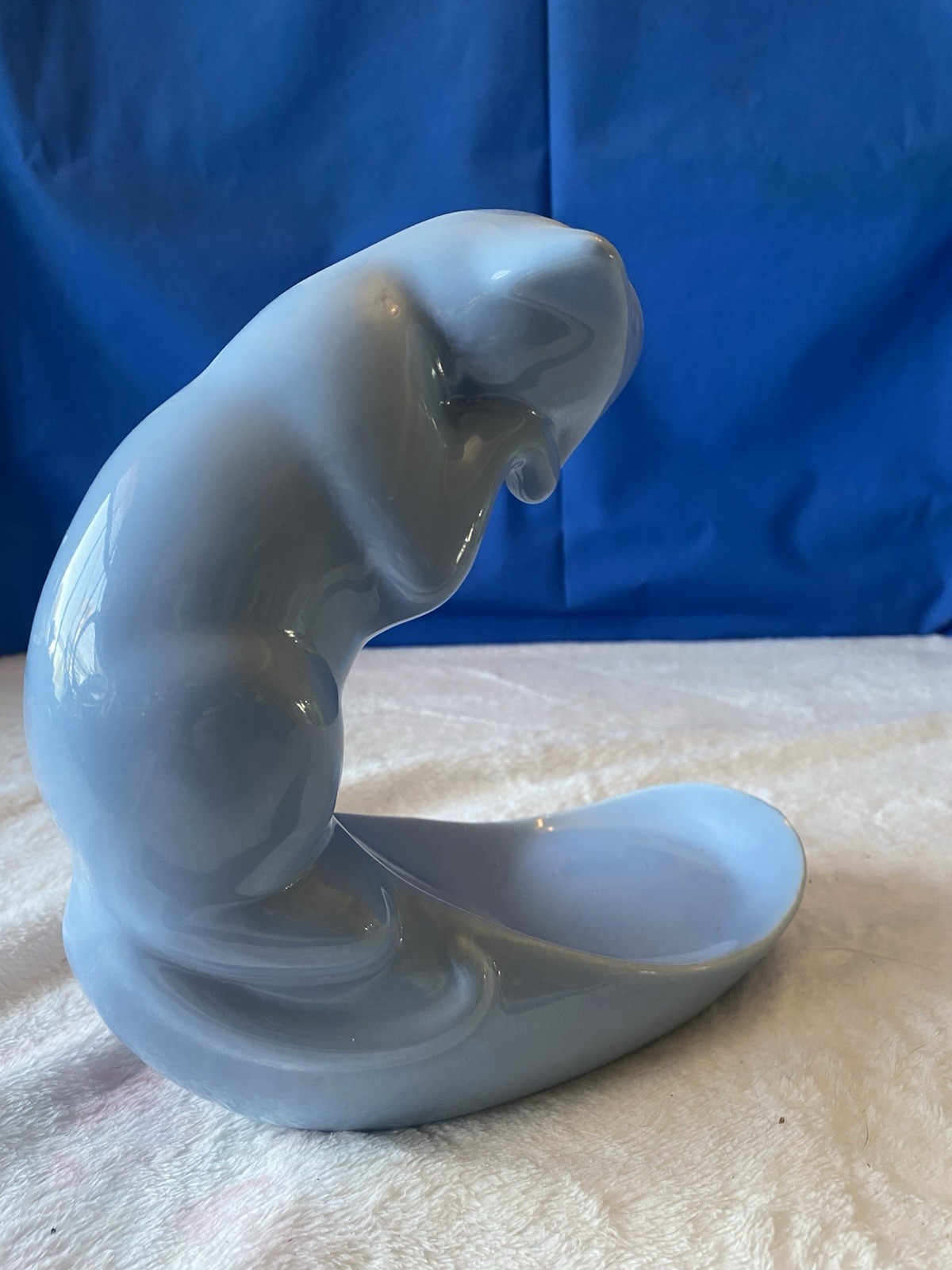 Light Blue Ceramic Cat Planter Art Pottery Glossy Finish 9.5″ Tall