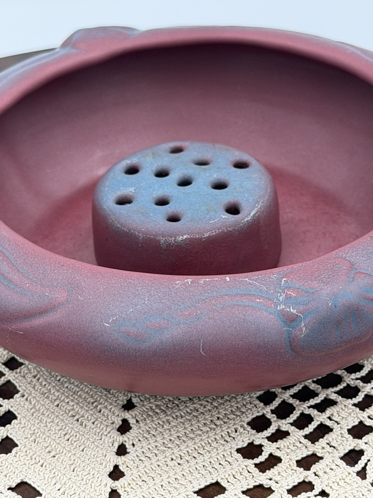 Van Briggle Art Pottery Mulberry Matte Glaze Flower Bowl w. Flower Frog, Photo!