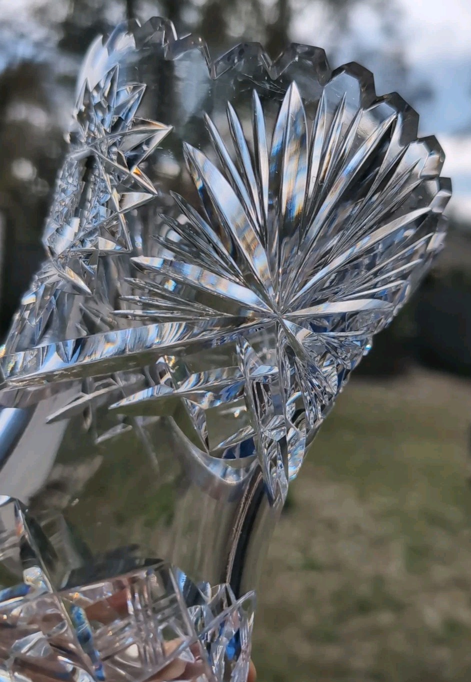 Vintage Cut Crystal Glass Vase Sawtooth Rim Wide Opening Star Sunburst Brilliant