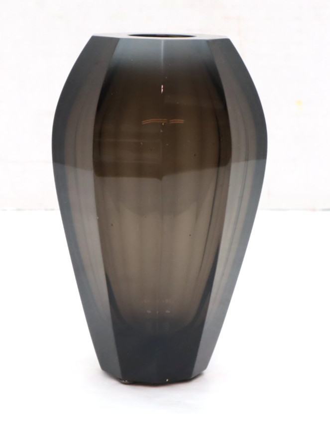 Vintage Moser Diva Smoke Black Glass Vase 6″ Signed