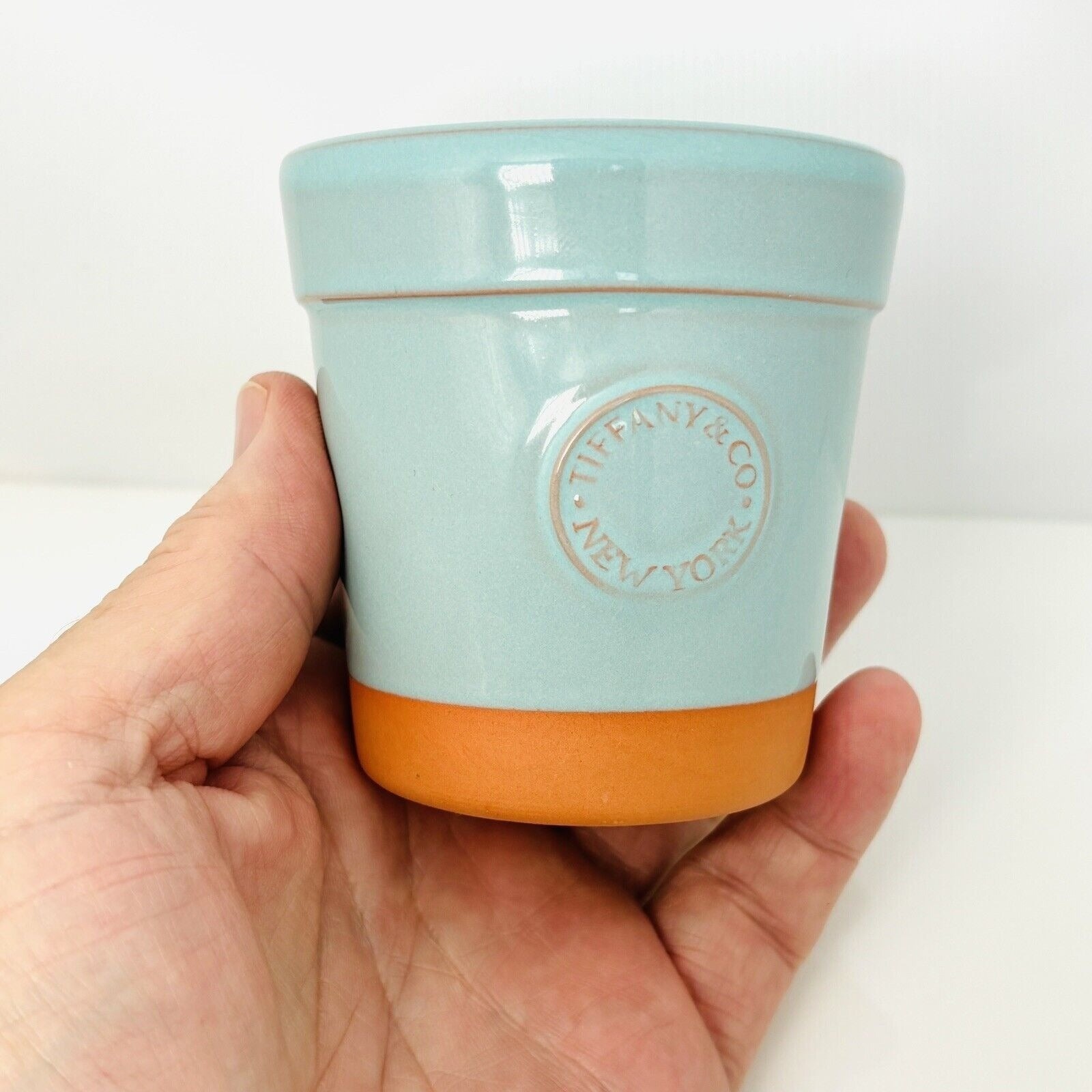 Tiffany & Co New York Terra-Cotta Terracotta Blue Glazed Flower Pot Planter