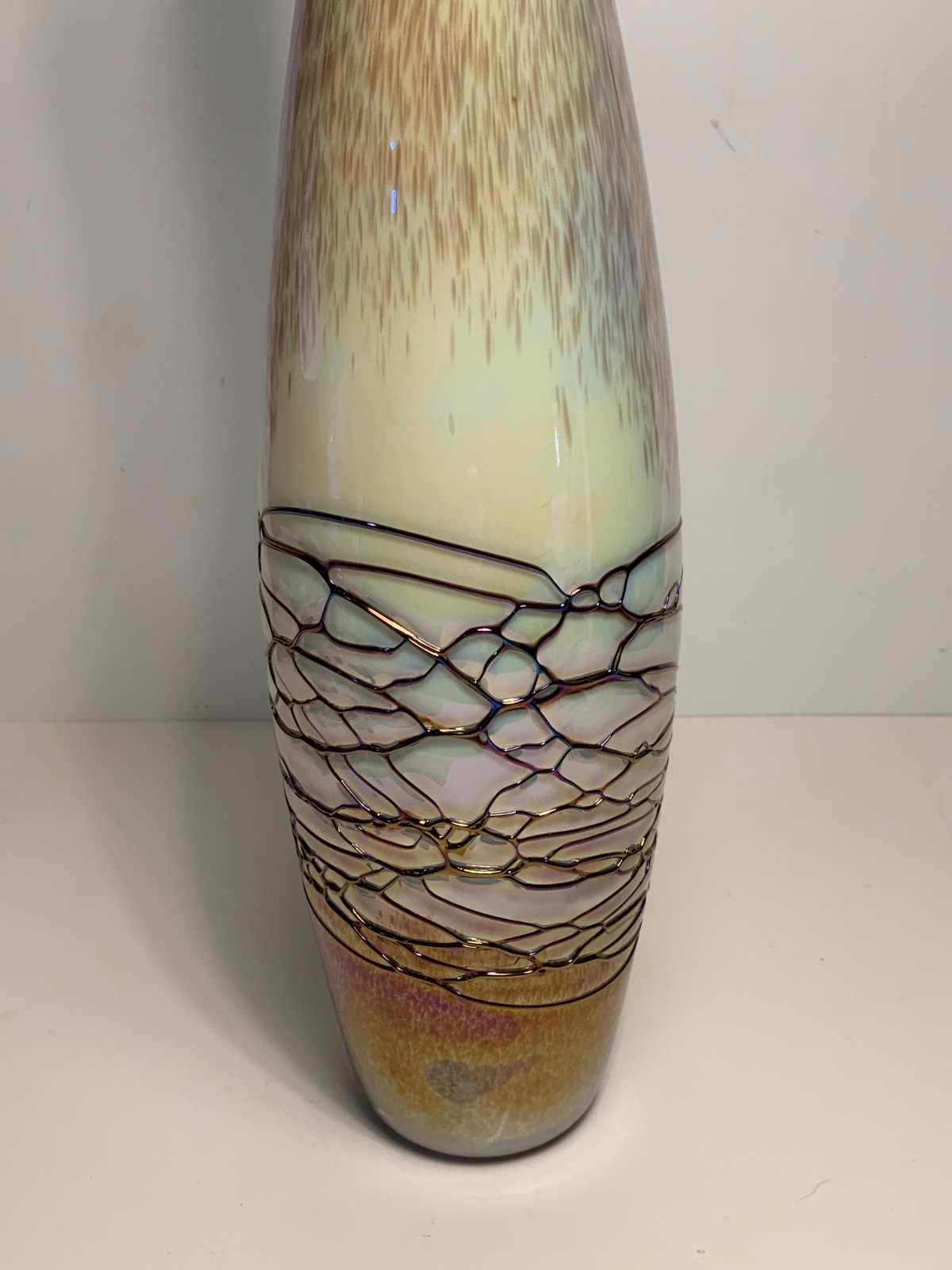 Vintage Pink & White Iridescent Cased Glass Vase 15.75 in.