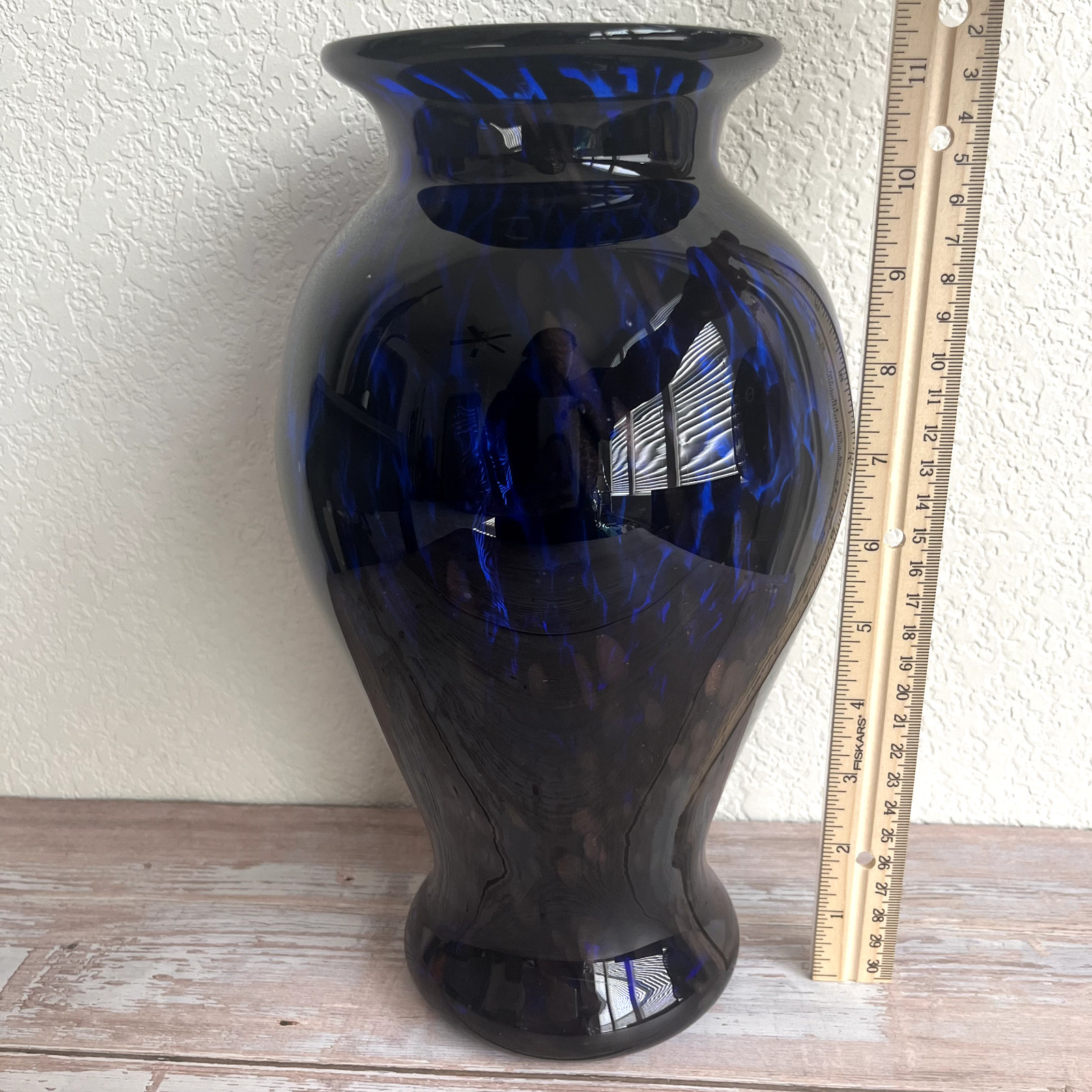 Beautiful Large Hand Blown Cobalt Blue Vase Murano Style Art Glass 11.5 inches
