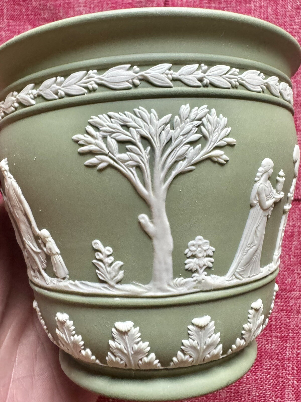 Wedgwood Green Jasperware Plant Pot Planter Classical Scenes – 4 1/2 In