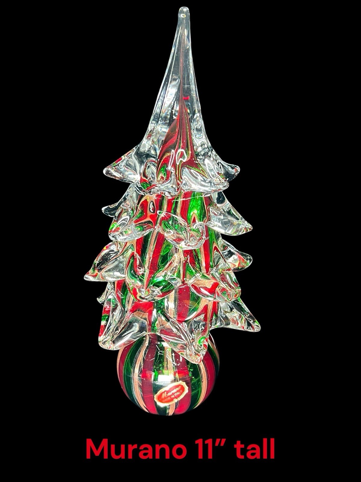 Vintage Murano Glass Christmas Holiday Tree 11” Tall Red Green Gold Swirls