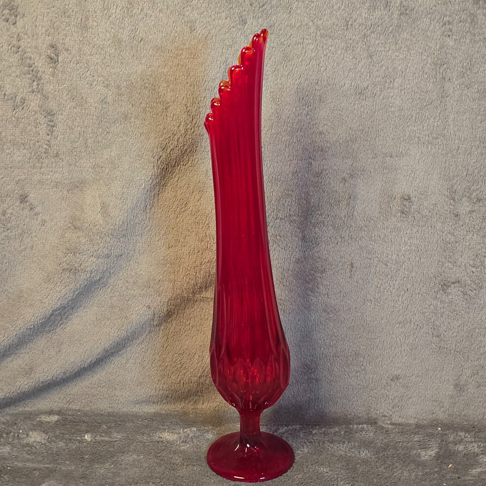 Vintage Fenton Glass Ruby Red Swung Vase Six Petal Footed Mid Century Modern Art