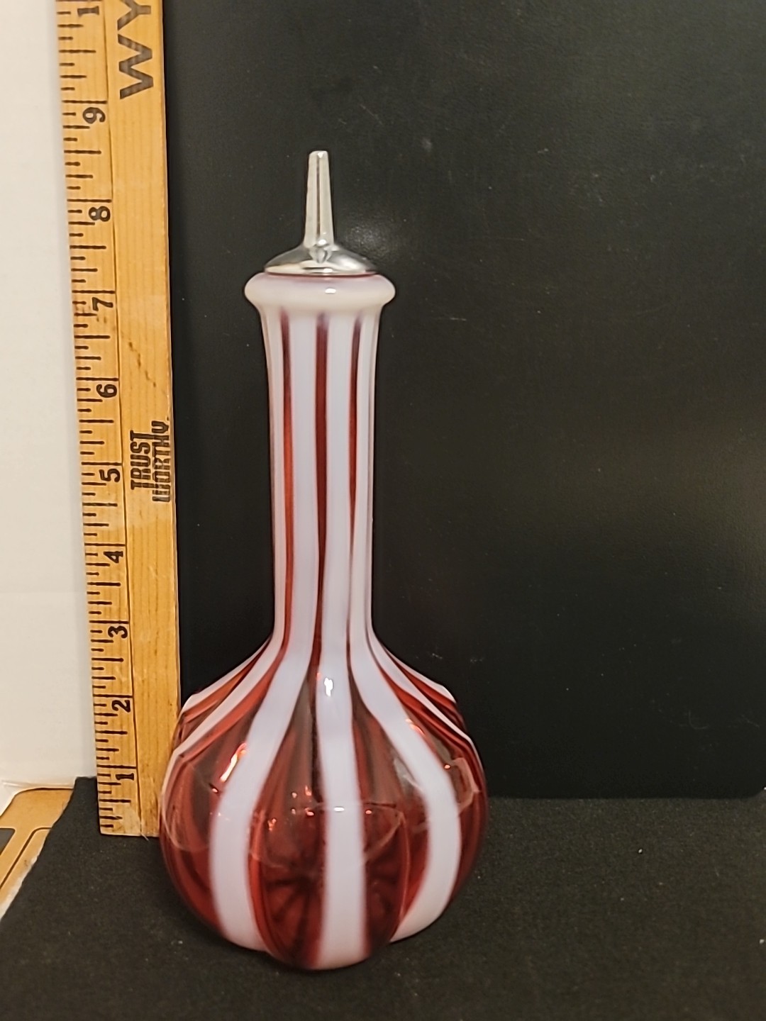 VINTAGE FENTON CRANBERRY OPALESCENT STRIPED GLASS BARBER BOTTLE