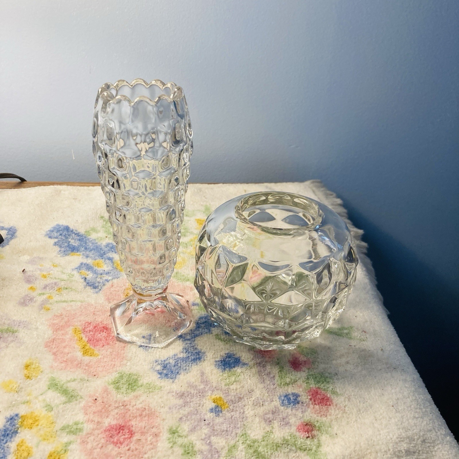 Vintage Fostoria American Rose Bowl Vase & Bud Vase Cubist VGC