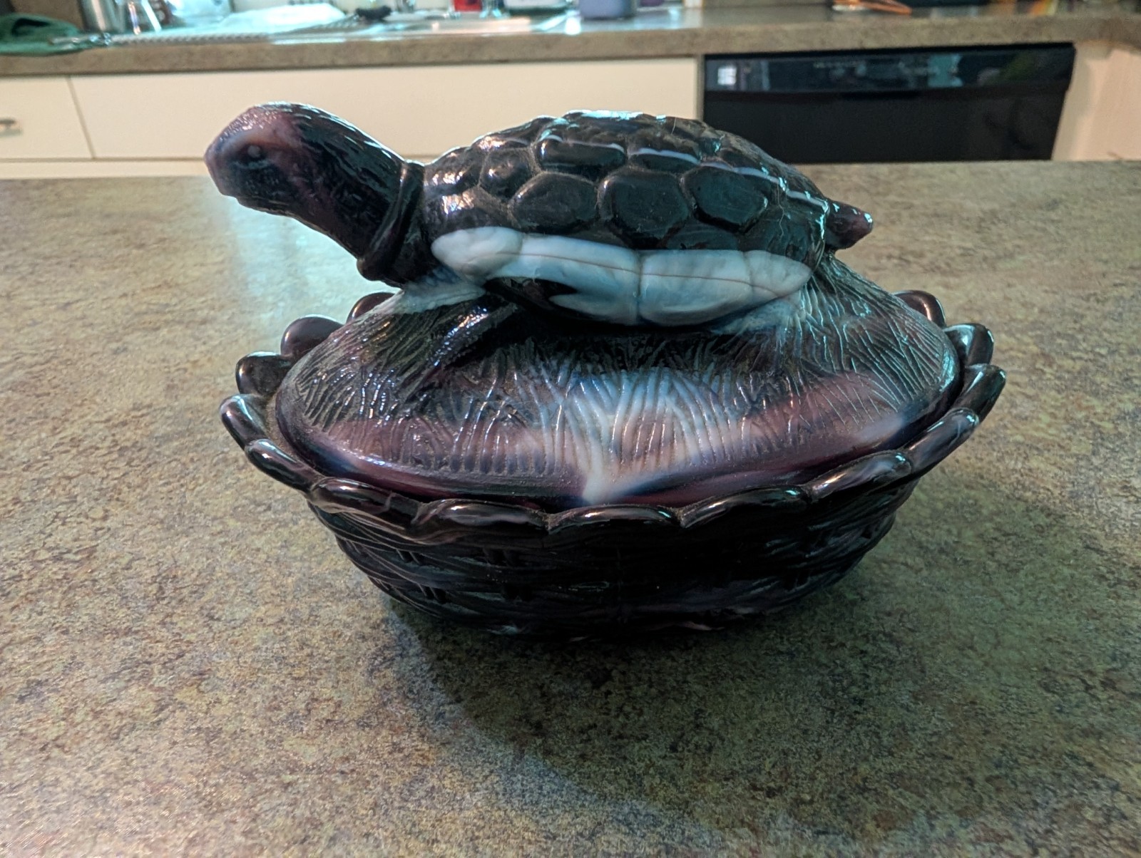 RARE Adorable Amethyst Slag Glass Turtle On Basket Glass Dish Basket Weave