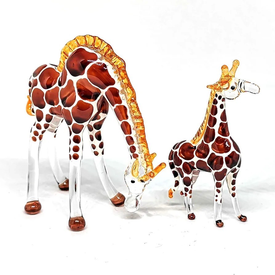 Hand Blown Glass Giraffe Figurine Mini Lampwork Animal Decor 2 Piece Set