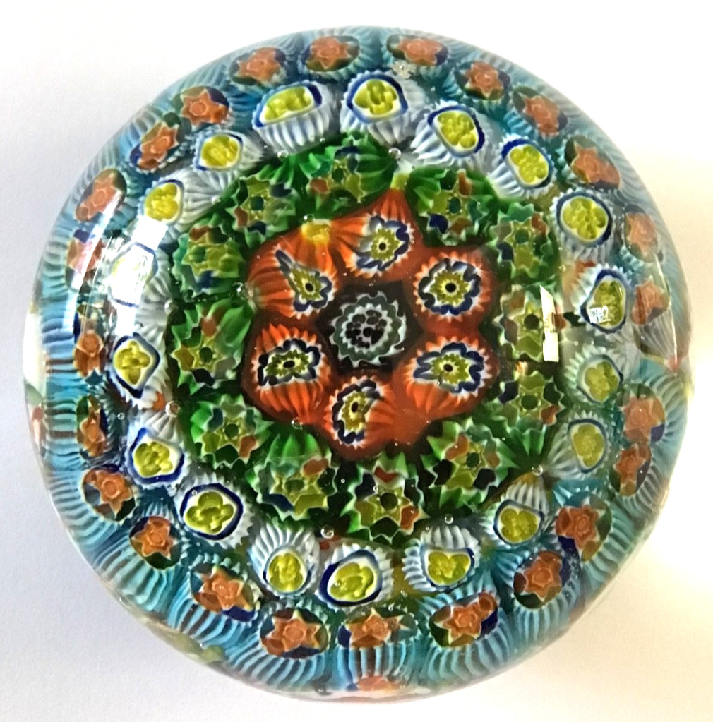 Colorful Concentric Millefiori Paperweight 3″ Original Murano Italy Sticker
