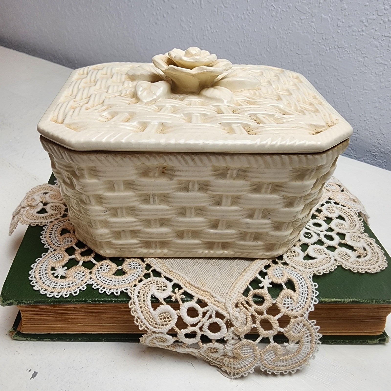 Vintage Basket Weave Porcelain Box with Rosette Lid, Cream Crackling