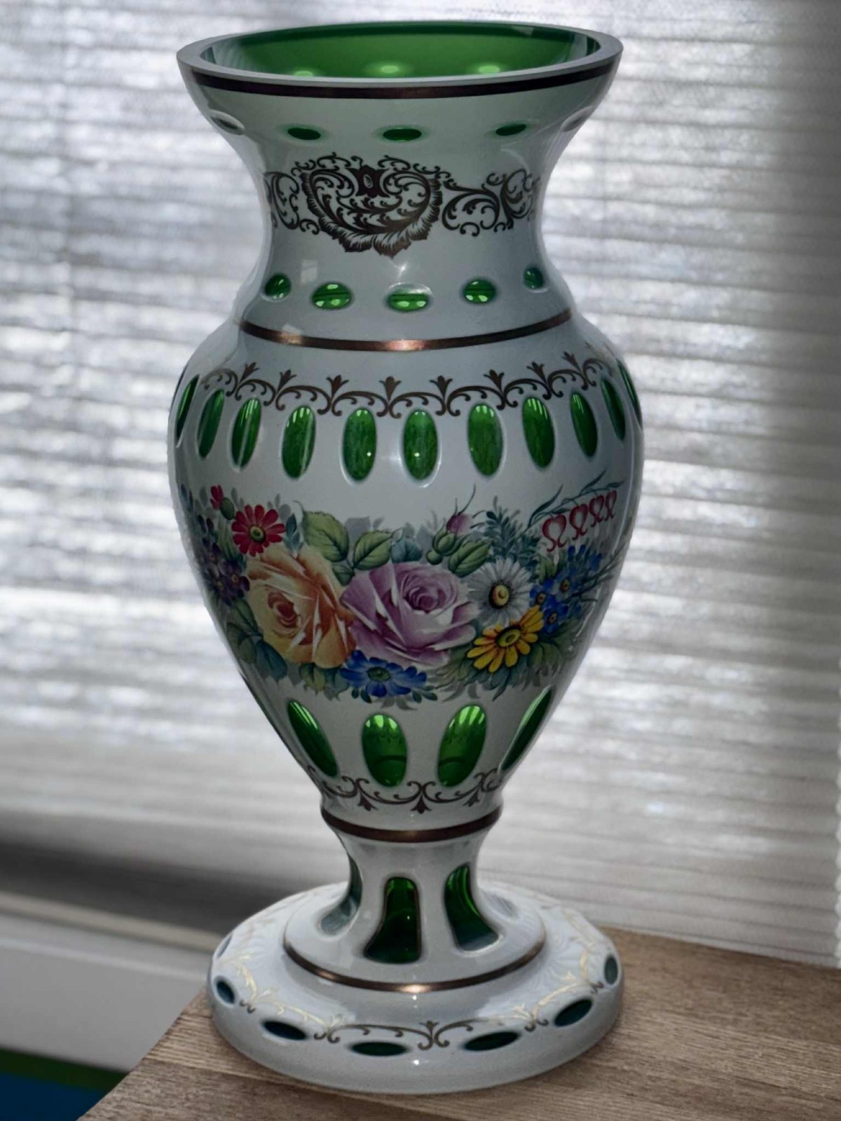 White & Green Glass Hand Painted Floral Vase Glossy Decorative Multicolor
