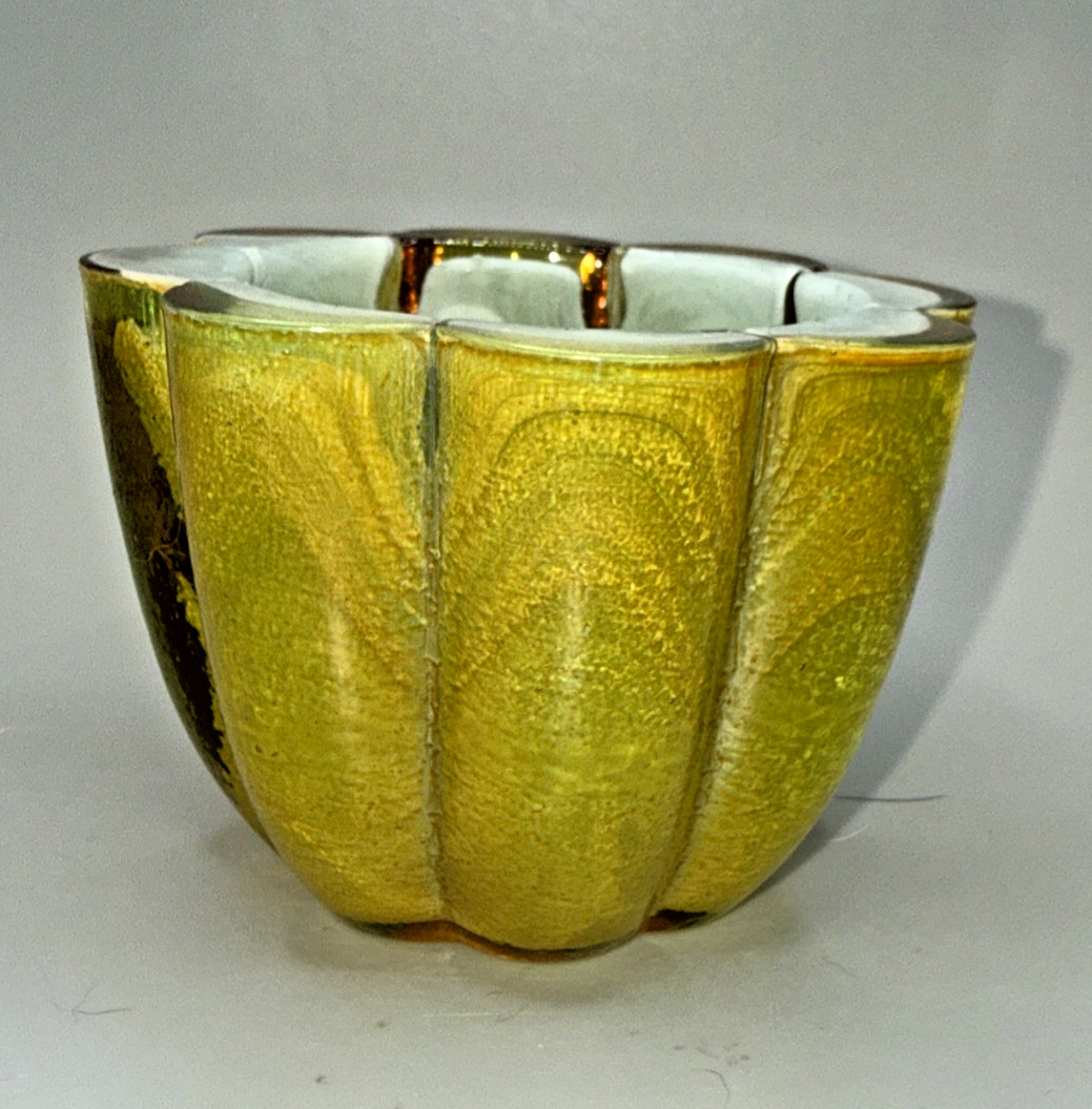 Heavy Glass Candle Votive Light Blue Amber Swirl Scalloped 87F-1750W